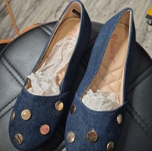 Victoria K Denim Blue Flats with Gold Buttons
